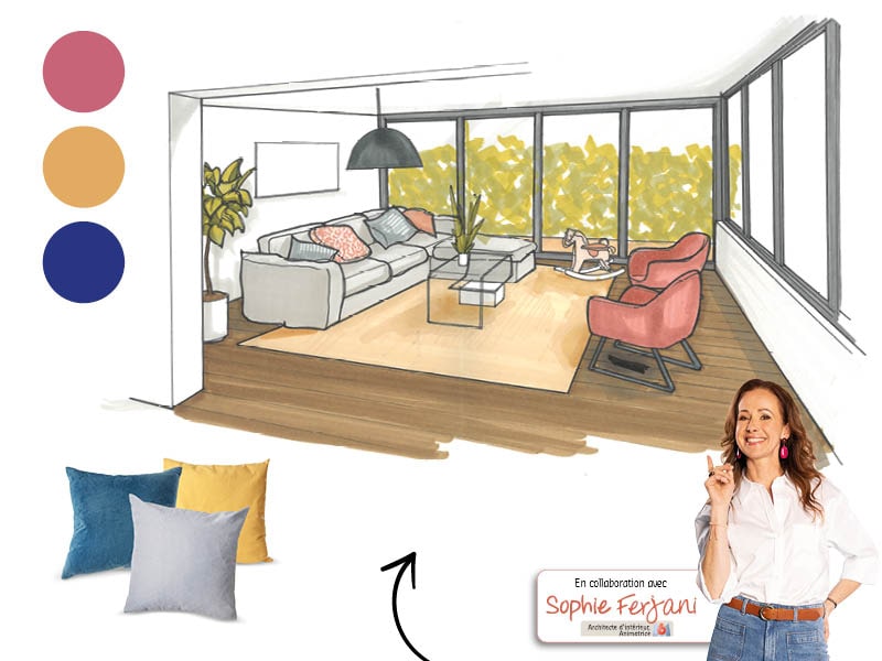 « Osez des couleurs vives pour affirmer la modernité de votre extension ! Privilégiez des coussins aux tonalités chaudes pour contraster avec un canapé clair et mixez avec des fauteuils en velours coloré pour une décoration tendance ! » – Sophie Ferjani, Architecte d’intérieur, animatrice M6
