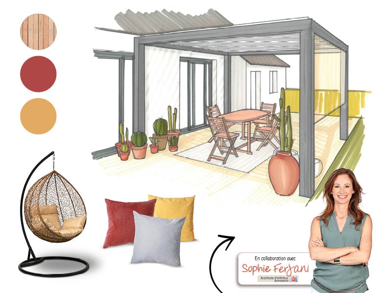 « Pour créer un espace intérieur-extérieur chaleureux sous votre pergola, installez un salon de jardin en teck pour déjeuner et des bains de soleil pour vous reposer. Et n’oubliez pas la touche cocoon avec des tapis d’extérieur, de jolies lanternes et des coussins moelleux. » – Sophie Ferjani, Architecte d’intérieur, animatrice M6
